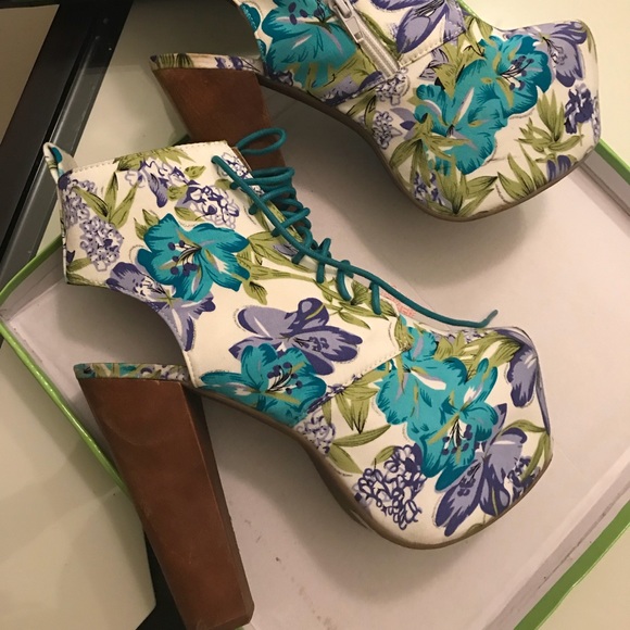 Shoes - Blue & Turquoise Floral Print Booties